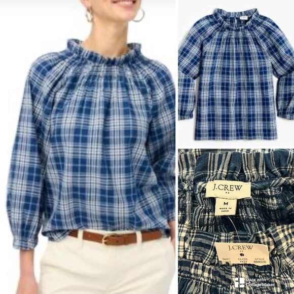 J. Crew Tops - J. Crew NWT Navy Plaid Ruffle Blouse